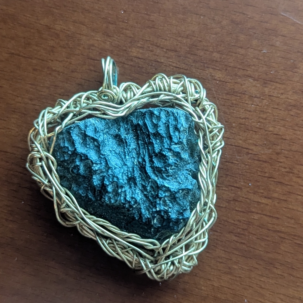Heart-Shaped Black Lava Stone Pendant Charm with Gold Wire Wrap